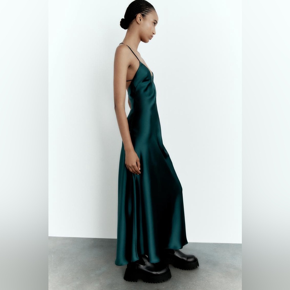 ZARA Satin Effect Midi Green/Emerald Dress Size S